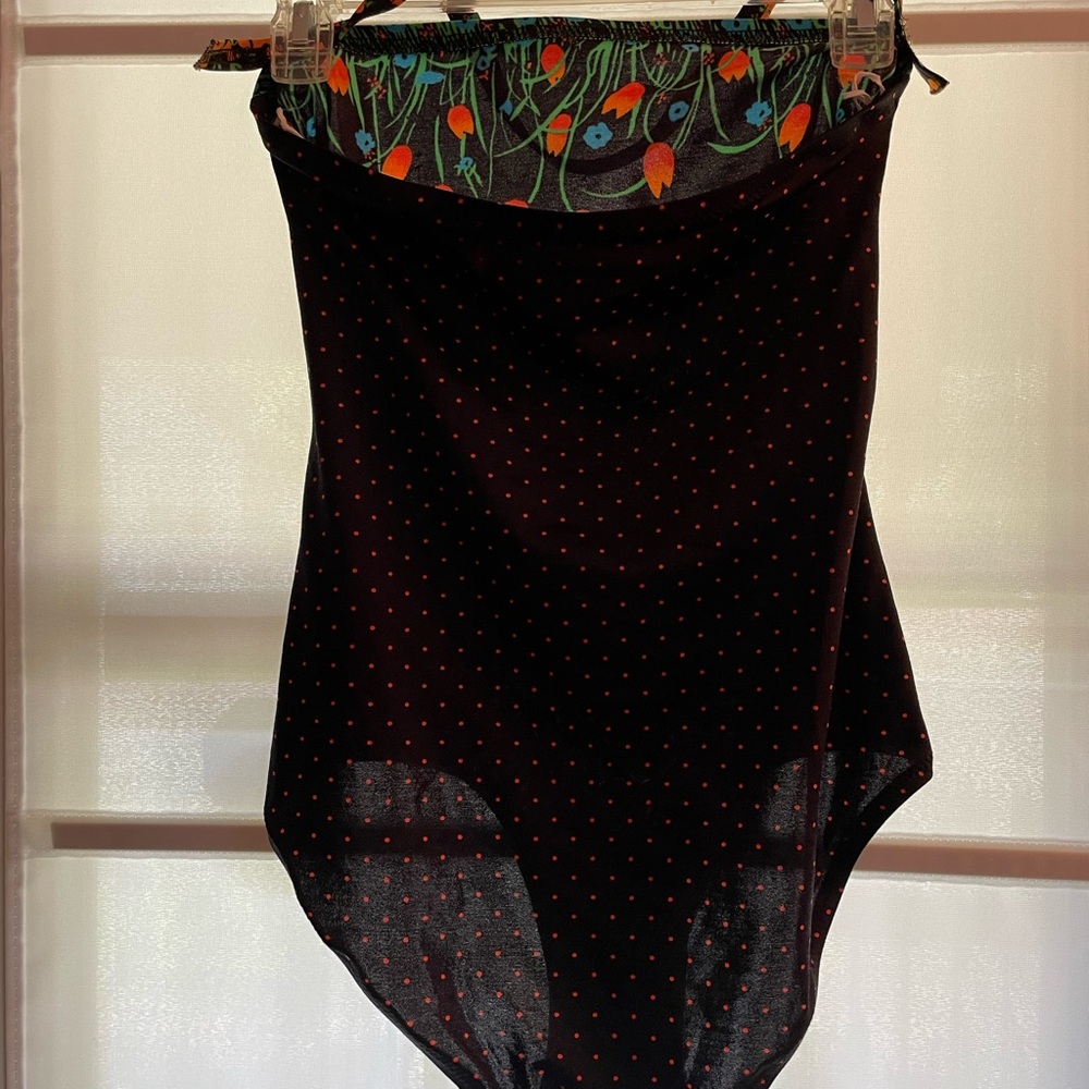 Late 70s Strapless Black Swimsuit with Orange Tulips and Dots Size S